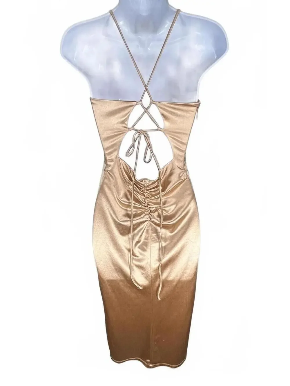 Bebe Hazelnut Gold Strappy Back Satin Midi Dress Evening Glam Cocktail Small